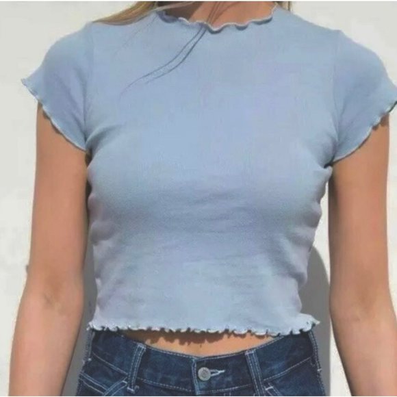 Brandy Melville Tops - Brandy Melville Cropped Lettuce Edge Tee Blue One Size NWT